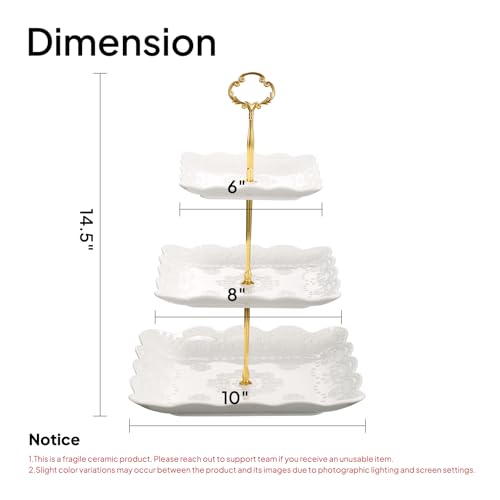 Sumerflos 3 Tier Porcelain Cupcake Stand, Tiered Serving Cake Stand, Square White Embossed Dessert Stand, Weddings Parties Pastry Serving Tray