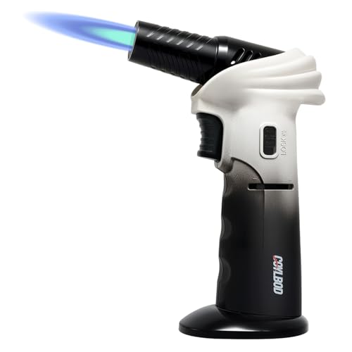 Butane Torch Lighter, 0-90°Rotating Angle Butane Lighter, Refillable Kitchen Torch with Safety Lock, Adjustable Flame for Soldering (White and Black)