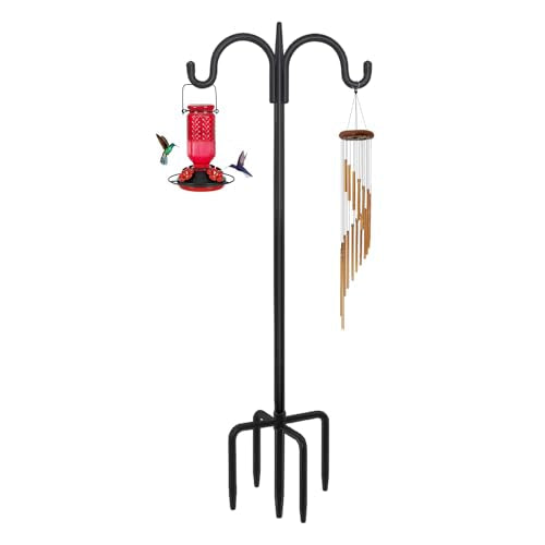 FEED GARDEN Heavy Duty Shepherds Hook 76" Double Hooks Adjustable (44/60/76") - Alloy Steel 5-Prong Base, 17lb Capacity - Easy Assembly Bird Feeder Pole for Hanging Planters, Lanterns, Wind Chimes