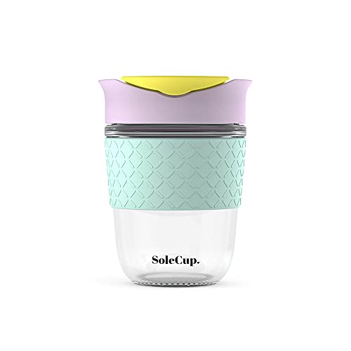 Reusable Strengthened Glass Travel Cup - Spill Proof Coffee Mug - 12oz/340ml BPA-Free Hot Drink Travel Mug with Lid & Silicone Band (Ice Cream, 12oz)