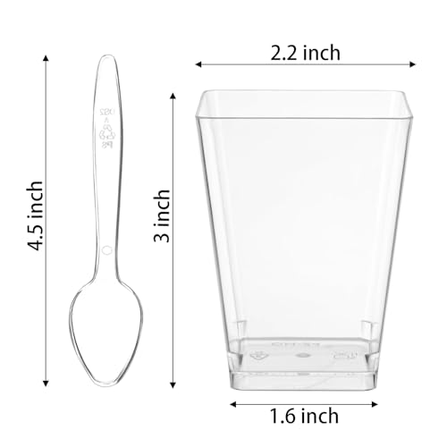 Hiasobre 50Pack 5oz Square Plastic Dessert Cups with Spoons, Reusable Clear Parfait Appetizer Cups, Mini Party Trifle Shooter Serving Cups, Dessert Shot Glasses for Tasting