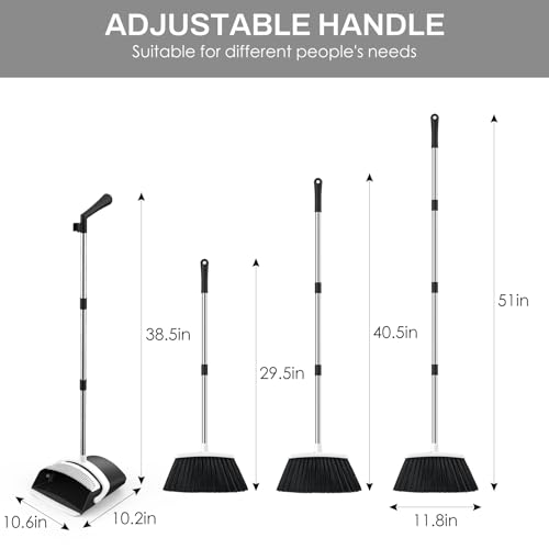 Broom and Dustpan Set for Home, 51-in Long Adjustable Handle Angle Broom and Dustpan Combo Set with Dust Pan Teeth to Clean Hair for Home Kitchen Office Lobby Floor Garden (Black&White)