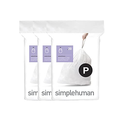 simplehuman Code P 60 Count Custom Fit Liners, Drawstring Kitchen Trash Bags, One-by-One Mess-Free Dispense, Extra Thick & Double Seamed, 50% PCR Plastic, 50-60 Liter / 13-16 Gallon, White
