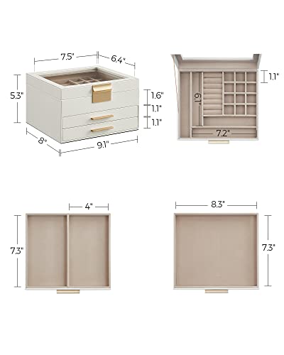 SONGMICS GISELLA Collection - Jewelry Box Organizer, 3-Layer Jewelry Storage with 2 Drawers, Shiny Metal Hardware, Glass Lid, Modern, 8 x 9.1 x 5.3 Inches, Cloud White and Gold Color UJBC239WT