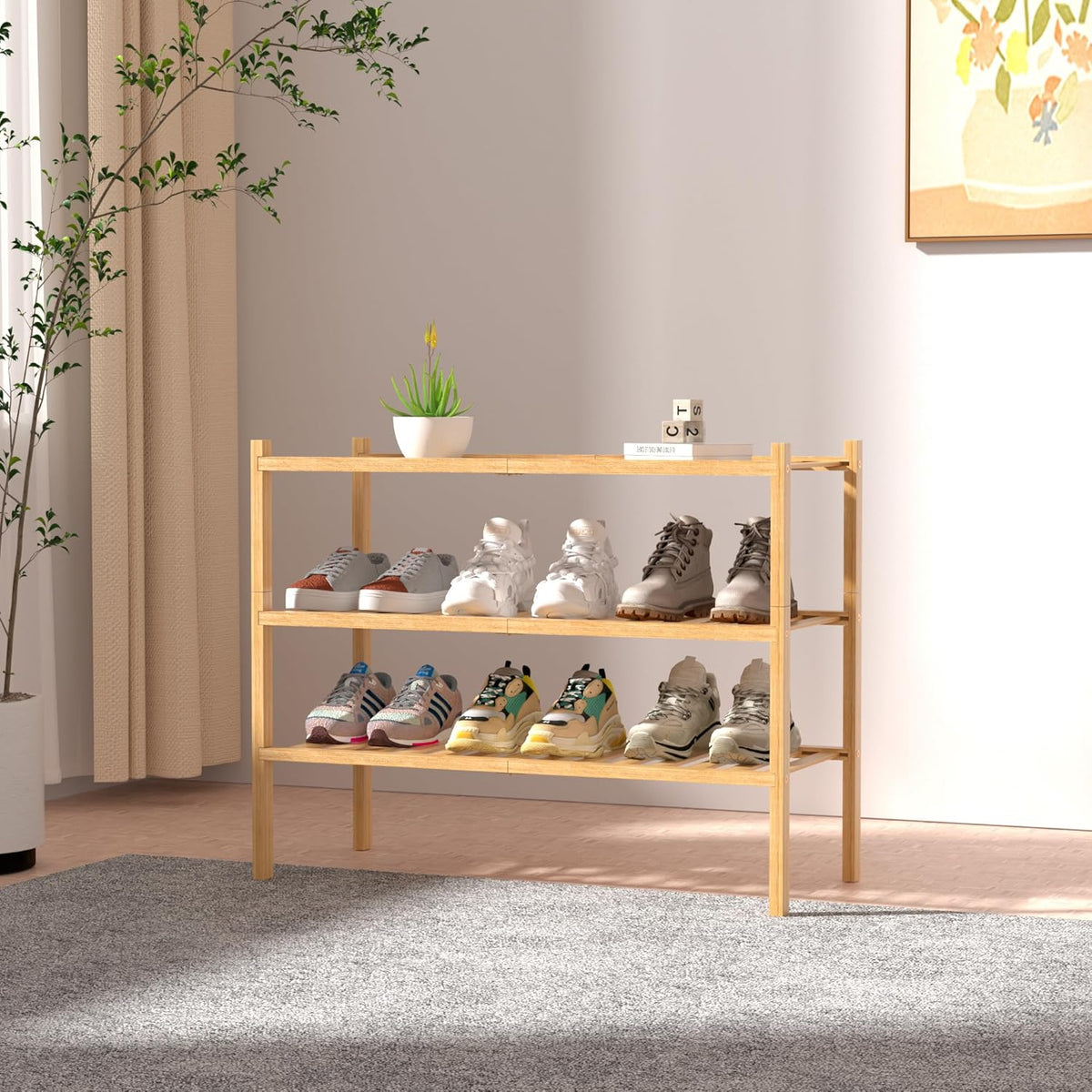 3 Tier Bamboo Shoe Rack for Closet Free Standing Shoe Shelf