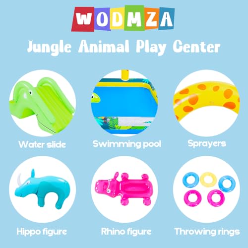 Inflatable Jungle Animal Play Center, Inflatable Water Park Kiddie Pool with Slide, Water Sprayer for Summer Outdoor Splash, Backyard and Garden 102.5" x75" x 54.5"