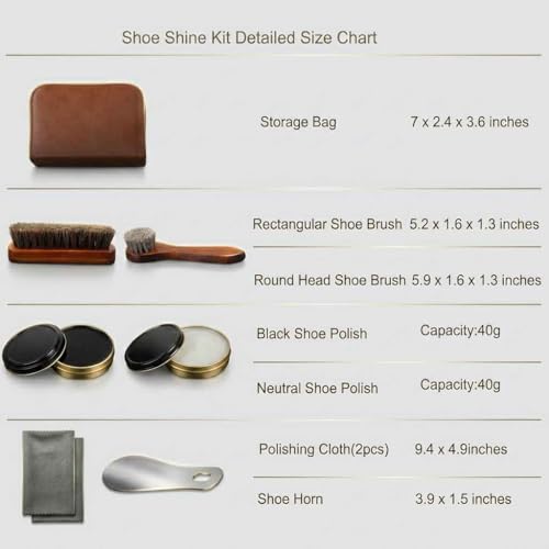 shoe care kit horsehair brush,long-handled round brush,white & black polish,polishing cloth,shoe horn,storage box.