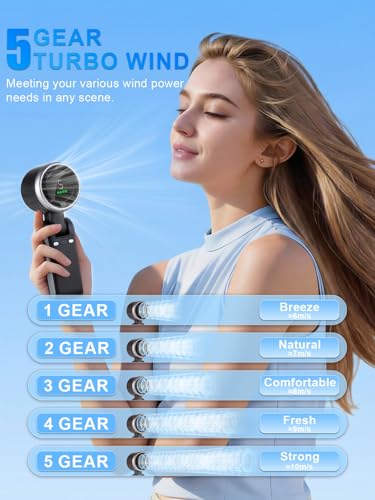 Portable Handheld Turbo Fan, 5 Gear Wind, Battery Operated, Up to 13 Working Hours Rechargeable Fan, 3 IN 1 Hand Fans with Air Turbo Tech Cooling Fan for for Travel, Beach, Outdoor - Black