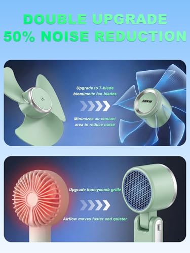 Portable Handheld Turbo Fan, 5 Gear Wind, Battery Operated, Up to 13 Working Hours Rechargeable Fan, 3 IN 1 Hand Fans with Air Turbo Tech Cooling Fan for for Travel, Beach, Outdoor - Green