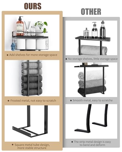 Towel Racks for Bathroom 31inch Wall Mounted Towel Rack,Floating Shelf with Wood Plank,Towel Storage for Bathroom can Holds 6 Large Rolled Towels,All Black