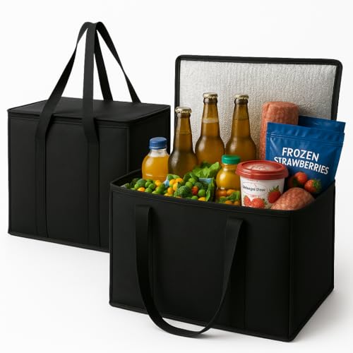 musbus 2-Pack, XL-Large Insulated Grocery Shopping Bags, Black, Reusable Bag,Thermal Zipper,Collapsible,Tote,Cooler,Food Transport hot and Cold,Camping