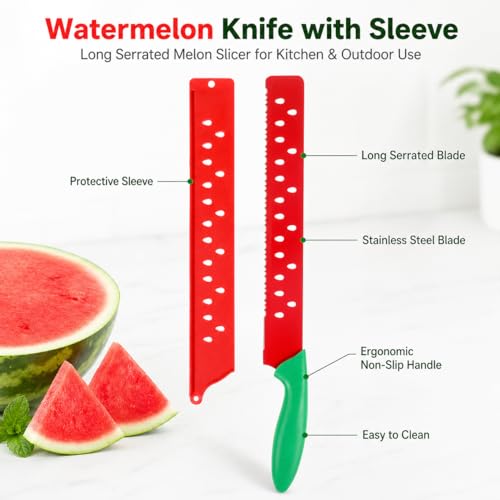 Watermelon Knife with Sleeve for Melon Cutting, Long Serrated Bread Lettuce Vegetable Knife, Kitchen Fruit Melon Tomato Cutter Slicer, with Cover for Home Summer Party Camping Outdoor (Red Green)