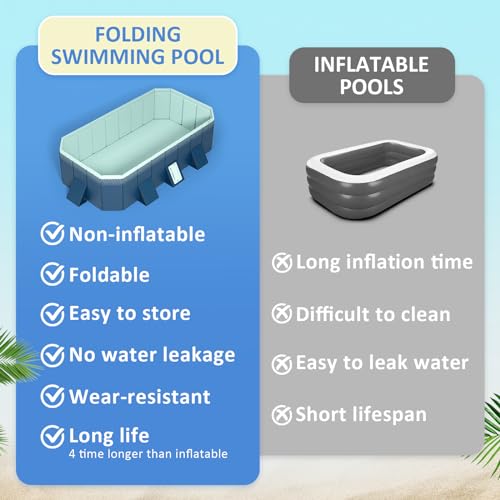 WIRHAO Foldable Non-Inflatable Kids' and Adults' Outdoor Swimming Pool Hard Plastic Shell Kid Pool for Backyard Dog Pools (113" x 66" x 20")
