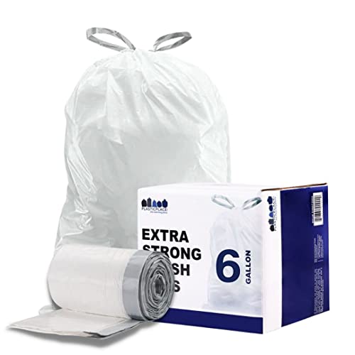 Plasticplace 6 Gallon Trash Bags White Drawstring Garbage Can Liners, 17” x 20”, 100 Count, for Bathroom Kitchen Office Car Small Trash Bags, Leak-Proof & Tear-Resistant