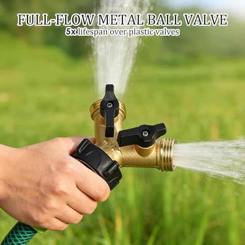 Hourleey Brass Garden Hose Splitter 2 Way, 3/4 Inch Hose Connector Tap Splitter, Hose Y Splitter, Hose Spigot Adapter 2 Valves with Extra Rubber Washers