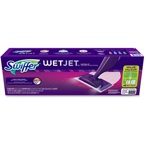 Swiffer Wet Jet Mop, Floor Cleaner for Mopping Wood, Laminate, Tile in Home, Bathroom, Kitchen, All Purpose Multi-Surface Cleaning Set includes 1 Spray Mop, 5 Pads Refill, 1 Fresh Scent Solution