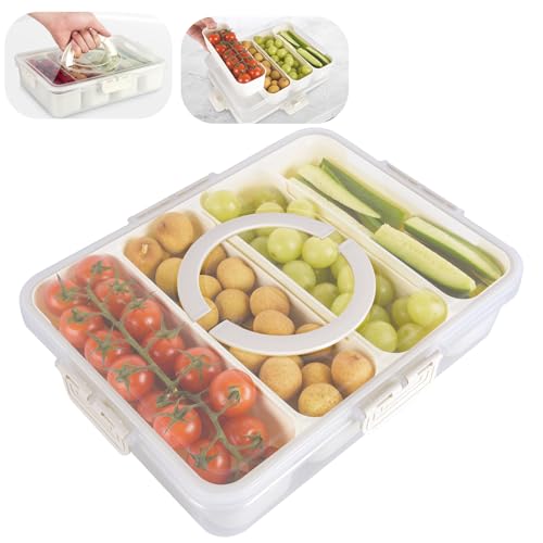 Snackle Box Container,Divided Serving Tray with Lid,4 Compartment Travel Snack Container,Fruit Veggie Tray with Lid for Fridge Fresh Keeping,Multipurpose Storage Box for Picnic,Party,Travel