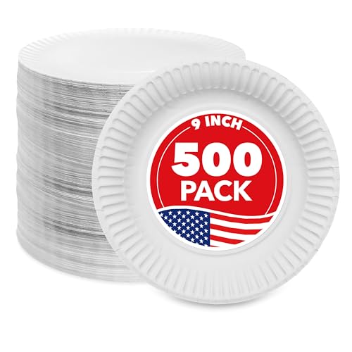 Stock Your Home 9-Inch Paper Plates Uncoated, Everyday Disposable Plates 9" Paper Plate Bulk, White, 500 Count