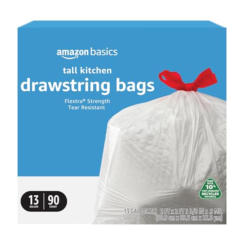 Basics 13 Gallon Tall Kitchen Drawstring Trash Bags, Flextra Strength, Tear Resistant, 10% Post Consumer Recycled, 90 Count, White