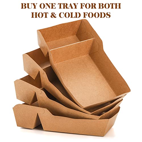 SOUJOY 100 Pack Food Serving Tray, 2 Compartment Disposable Kraft Nacho Boat Tray, Grease Resistant Heavy Duty Paperboard, Take Out Fast Food Snack Holder Container for Party