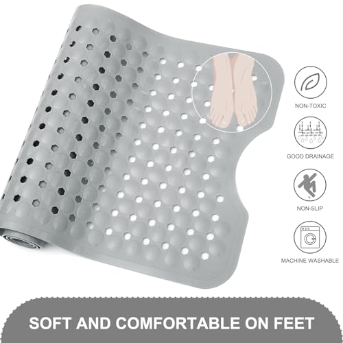 Bath Tub and Shower Mats, Non Slip 40 x 16 Inch Extra Large Bathtub Mat, Machine Washable Bathmat with Drain Holes, Suction Cups for Bathroom Floor, Gray