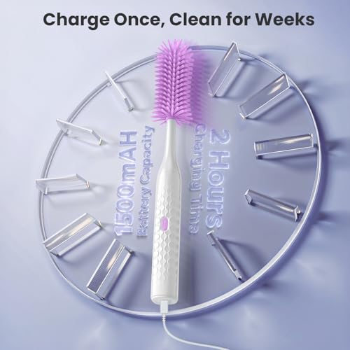 Electric Bottle Brush Cleaner Set, Bear-Shaped Travel Baby Bottle Cleaner Kit with Silicone Nipple & Straw Brush, Soap Dispenser, Drainage Rack, Storage Box(Purple)