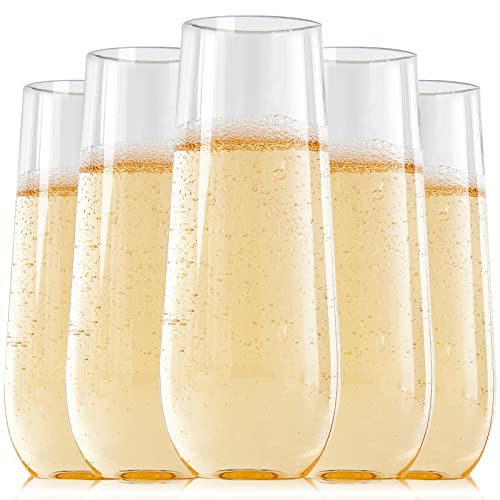 FOCUSLINE 24 Pack 9 Oz Clear Plastic Champagne Flutes, Stemless Plastic Champagne Glasses Clear, Heavy Duty Toasting Glasses, Shatterproof and Disposable Cups Perfect For Any Party