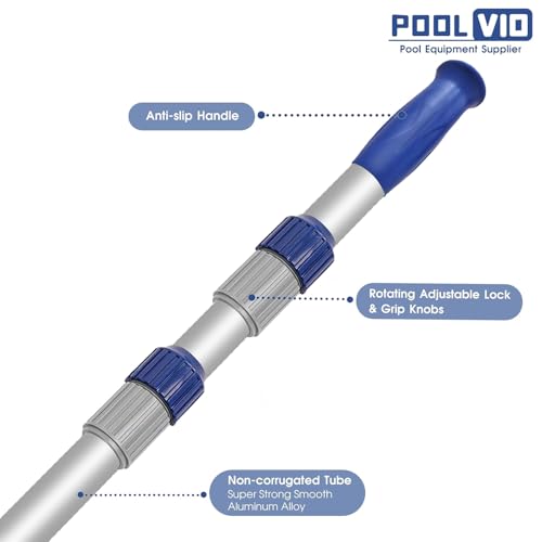 Poolvio 15 FT Telescopic Pool Pole - Adjustable 3 Piece Aluminum Pool Skimmer Pole for Pool Cleaning Skimmer Nets Vacuum Heads & Brushes, Strong Grip & Lock