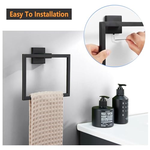 Towel Ring - Thicken SUS 304 Stainless Steel Towel Holder, Towel Racks for Bathroom, Square Modern Design Hand Towel Holder, Contemporary Hand Towel Bar - Matte Black
