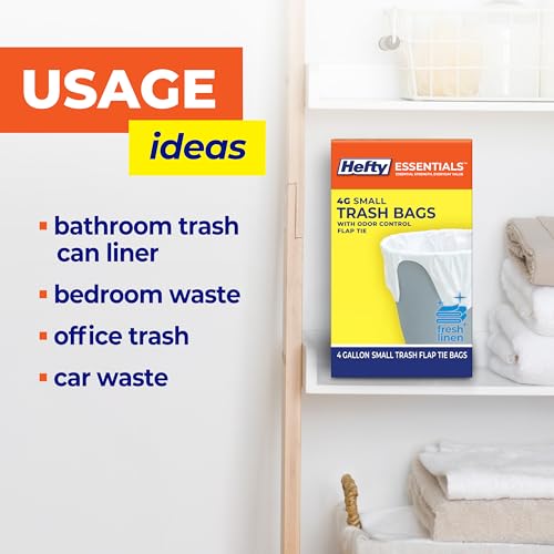 Hefty Essentials Flap Tie 4 Gallon Trash Bags, 52 Count, Small Scented Trash Bags for Bathrooms, Bedrooms, Dorm Rooms, Home Offices, and More, Fresh Linen Scent, White