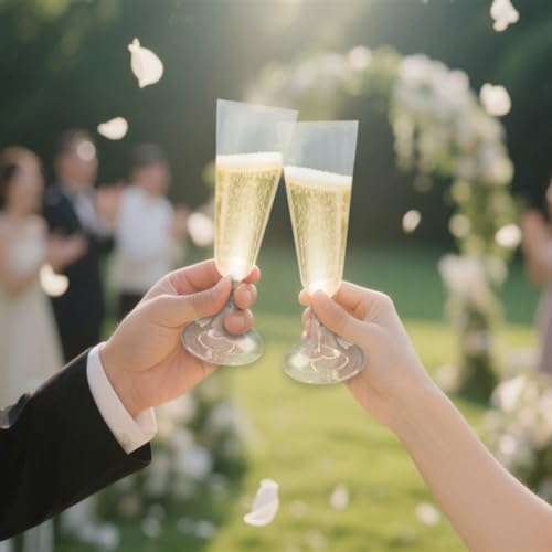 Champagne Flutes Plastic,25 Pack Disposable Champagne Glasses,Clear Stemless Shot Cocktail Martini Wine Glasses,New Years Party Wedding Birthday Decorations Water Juice Drinking Cups