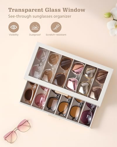 Lolalet Sunglasses Storage Box for Women, Eyewear Eye Glass Organizer with Clear Top Display Holder Case