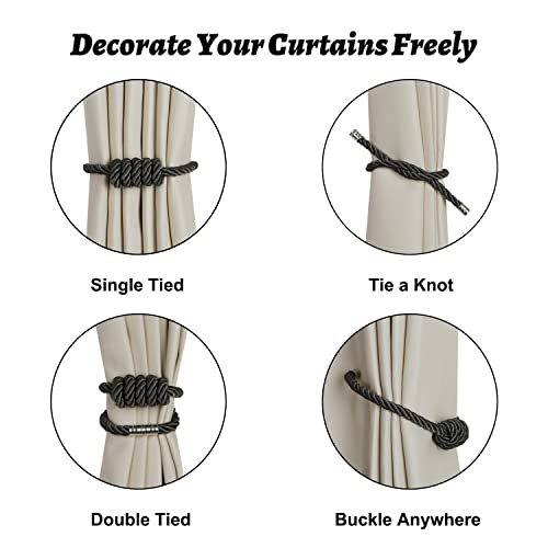 BEL AVENIR Magnetic Curtain Tiebacks, Decorative Drapery Holdbacks Modern Woven Tie-Backs with Exquisite Knot (Charcoal, 6 Pack)