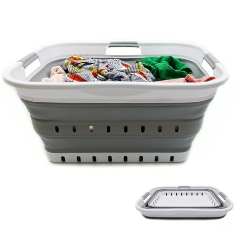 SAMMART 42L (11 gallon) Collapsible Plastic Laundry Basket - Foldable Pop Up Storage Container/Organizer - Space Saving Hamper/Basket (1, White/Grey)