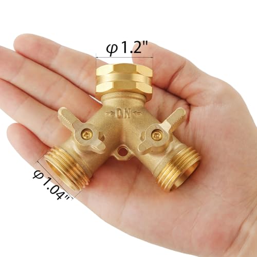 Garden Hose Splitter 2 Way Heavy Duty, Outdoor Faucet Splitter 2 Way, Solid Brass Spigot Splitter Hose Y Splitter with Shutoff Valve