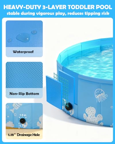 Foldable Kiddie Pool with Canopy UPF 50+, 47 Inch Non-Inflatable Swimming Kids Pool, Baby Pool for Toddler 1-3, Dog Pools for Backyard, Portable Water Play for Outdoor Backyard Beach, Blue
