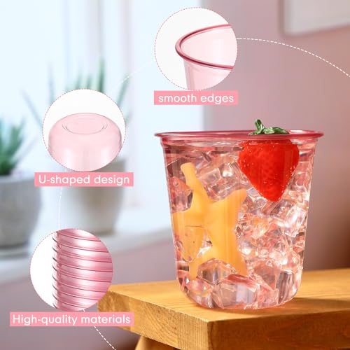 Ziliny 50 Pcs Disposable Stemless Glasses 12oz Crystal Plastic Wine Glasses Clear Classic Pet Cup for Meeting Weddings Birthdays Cocktail Christmas Party Supplies (Pink)