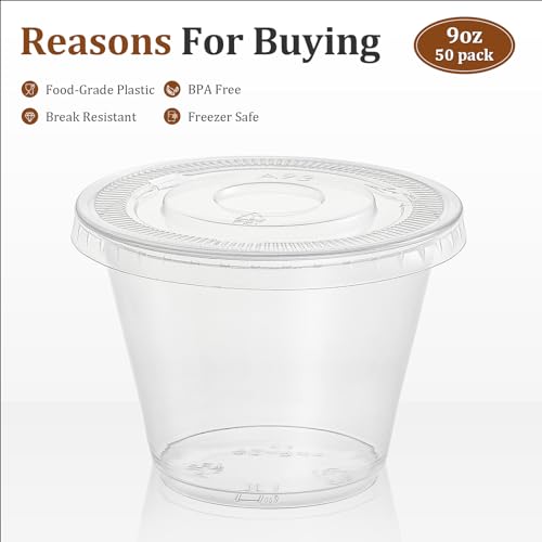 AOZITA [50 Sets, 9 oz Clear Plastic Cups With Flat Lids No Hole, Disposable Cups With Lids for Ice Cream, Pudding, Cake, Snacks Smoothie, Milkshake, Cold Drinks