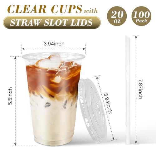 Ginkgo 100-Pack 20oz Clear Plastic Iced Coffee Cups with Lids and Straws, Leak-Proof & Sturdy Disposable To Go Cups for Smoothies, Milkshake, Cold Beverages, Coffee Bar Accessories