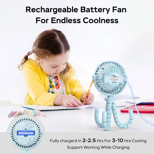 COMLIFE Baby Stroller Fan With Light, Rechargeable Battery Operated, Max 10Hrs Cooling, 3 Speeds, 360° Rotate USB Desk Fan, Flexible Tripod Clip On Fan for Stroller Car Seat Crib Treadmill Golf Cart
