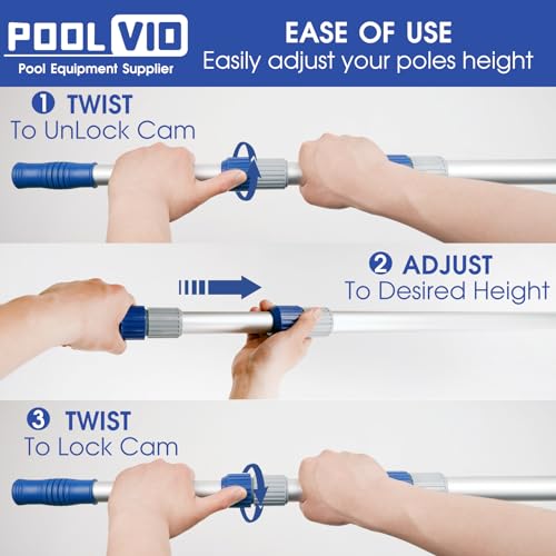 Poolvio 12 FT Telescopic Swimming Pool Pole - Adjustable 2 Piece Aluminum Pool Pole for Pool Cleaning Skimmer Nets Vacuum Heads & Brushes, Strong Grip & Lock