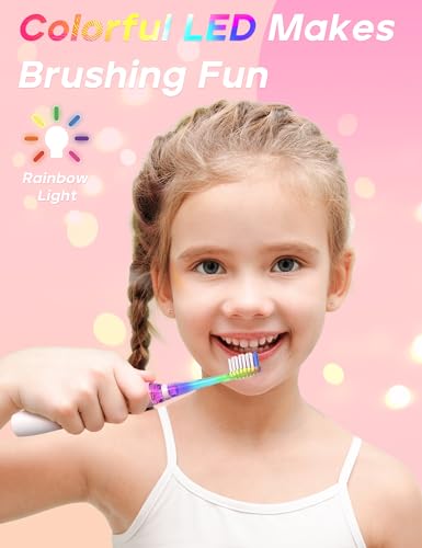 SEAGO Kids Electric Toothbrush with 2 Mins Brushing Timer and 8 Replacement Brush Heads,Rainbow LED Light Makes Brushing Fun, Battery Powered Toothbrush for Boys & Girls 3-6-8 Years Old,Pink