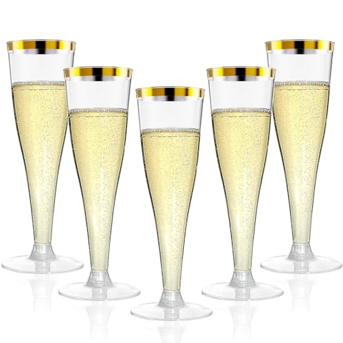 20 Pack Champagne Flutes Plastic Wine Glasses Disposable, 4.5 Oz Gold Rim Mimosa Glasses for 2026 Engagement Wedding Birthday Women's Day Party Supplies, Bulk Toasting Cocktail Cups