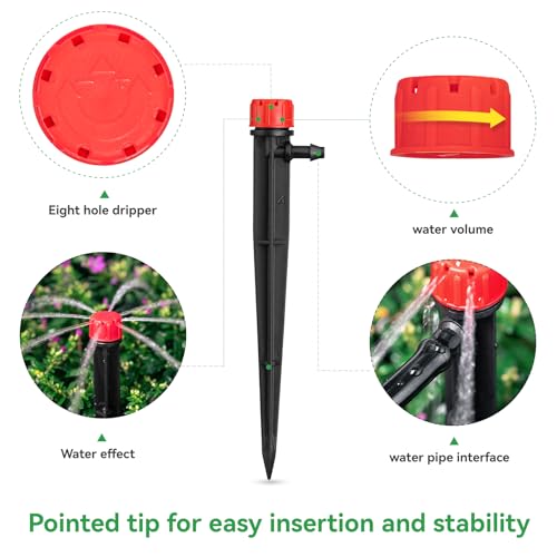 50pcs Drip Emitters for 1/4" Drip Irrigation Tubing, Adjustable 360 Degree Water Flow Drippers on 5" Arrow Stake, Garden Irrigation Drippers for (4-7mm) Watering System