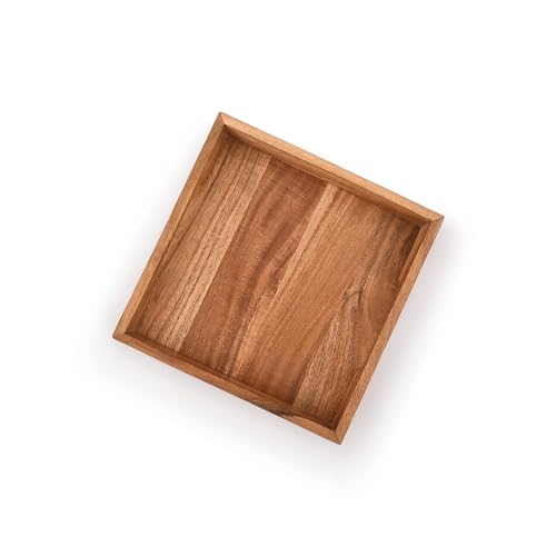 Samhita Acacia Wood Serving Tray with Handles,Wooden Serving Tray, Snack Tray, Breakfast Tray, Great for, Breakfast, Coffee |Size- 10" x 10" x 1.75"