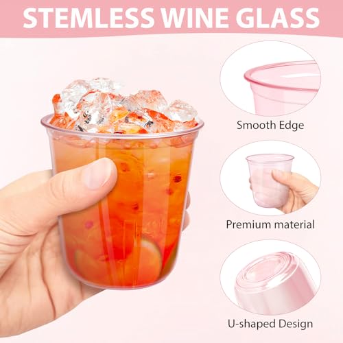 GGOLDMER 50 PCS Pink Plastic Cups - 12oz Disposable Stemless Wine Glasses, Clear Pink Cocktail Party Cups for Valentine's Day, Baby Shower, Wedding, Birthday Party