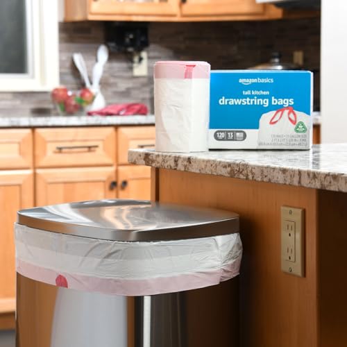 Basics 13 Gallon Tall Kitchen Drawstring Trash Bags, Unscented, 10% Post Consumer Recycled, 120 Count, White