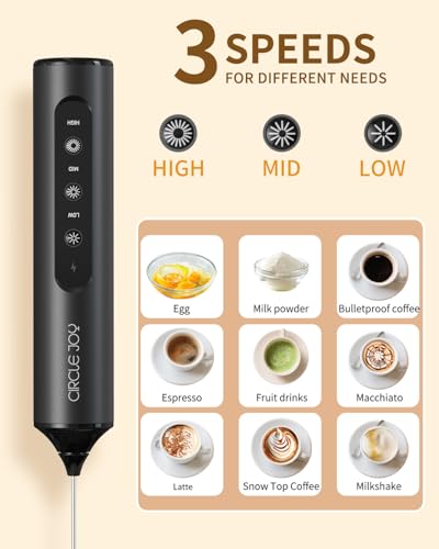 CIRCLE JOY Rechargeable Handheld Milk Frother Wand with Stand, 3 Variable Speeds, 3 Whisks and Storage Box, Electric Drink Mixer for Latte, Cappuccino, Hot Chocolate, Eggs and Protein Powder, Black