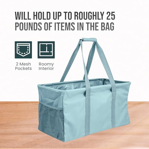 Extra Large Utility Tote Bag - Oversized Collapsible Reusable Wire Frame Rectangular Canvas Basket With Two Exterior Pockets For Beach, Pool, Laundry, Car Trunk, Storage - Light Blue