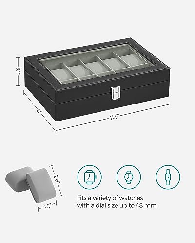SONGMICS Watch Box, 12-Slot Watch Case Organizer with Large Glass Lid, Removable Pillows, Gift for Loved Ones, Black Synthetic Leather, Gray Lining UJWB12BK